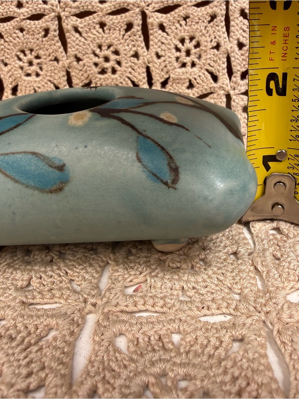 Vintage Studio Pottery Pillow Ikebana Vase Flower Frog Stamped MK Blue Teal - Picture 11 of 11